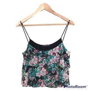 Bershka Floral Crop Top | Cropped Spaghetti Strap Tank Top | Built in Bra
